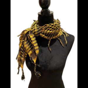 Woven Scarf Gold and Black Pattern Fringed Edge Versatile Fall Accessory